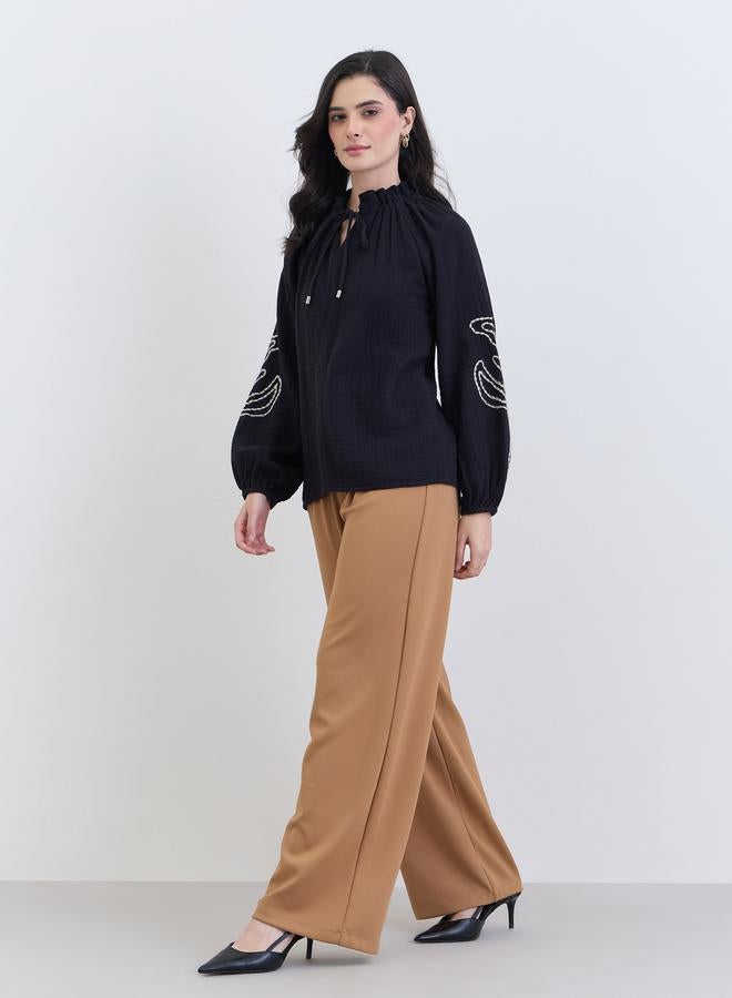 Styli Black Embroidered Long Sleeve Blouse - Image 2